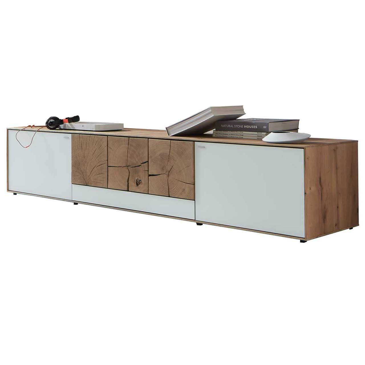Hartmann CAYA - Lowboard 7170-2205W Langes, modernes Lowboard aus massiver Kerneiche Umato mit Mattglas weiß Front und drei rechteckigen, dekorativen Hirnholzscheiben.
