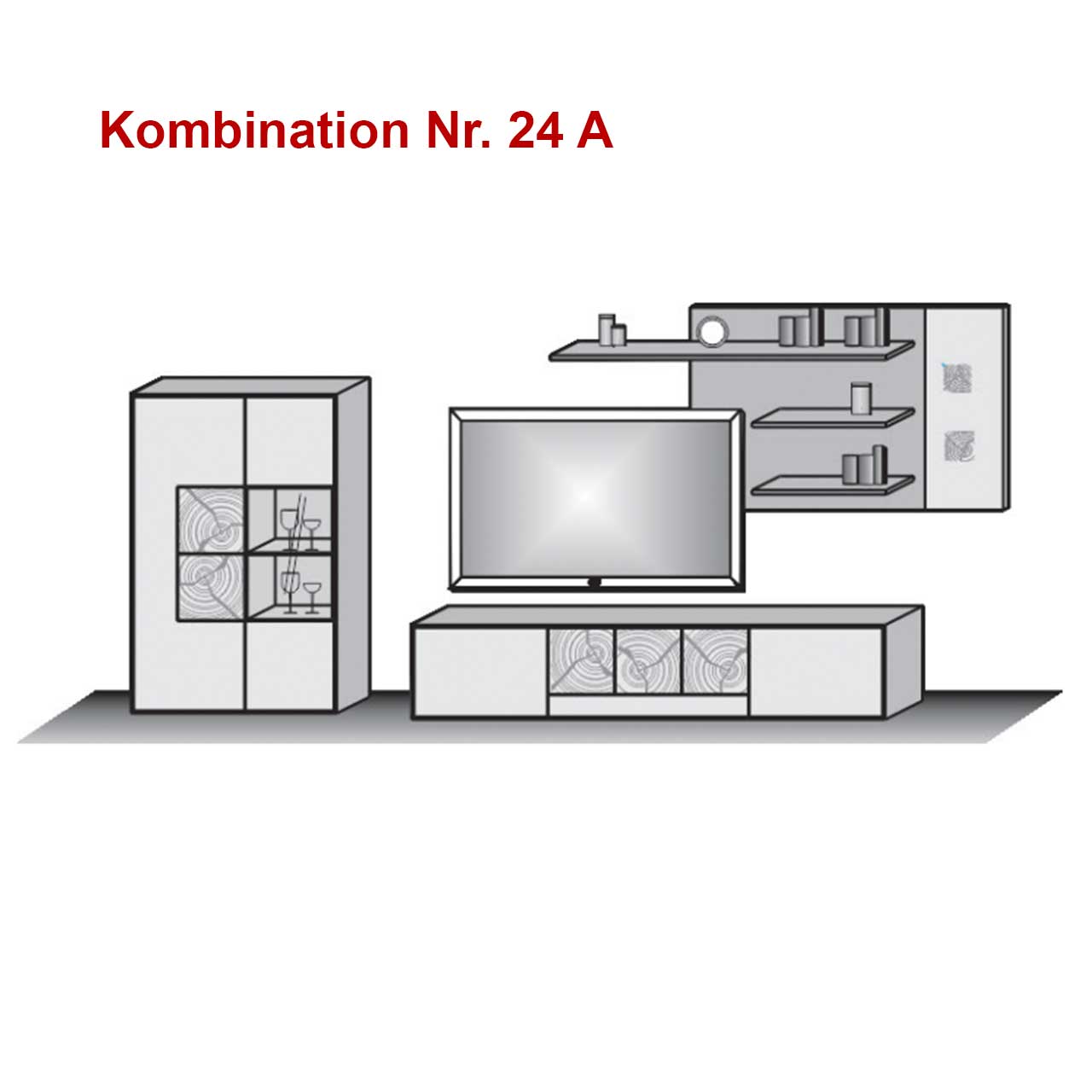 Skizze einer dreiteiligen Wohnkombination aus Holz und Mattglas Fronten bestehend aus Standvitrine und Lowboard mit teils strukturierter Holz-Front und Wandpaneel mit drei Regalböden, inkl. Hinweistext: Kombination Nr. 24A 