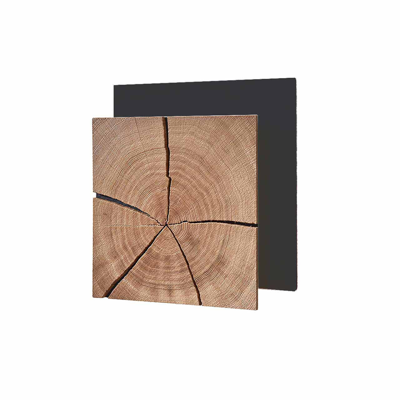 Moderne Wandleuchte mit rechteckiger Hirnholzscheibe, hinten mit Metall Applikation.