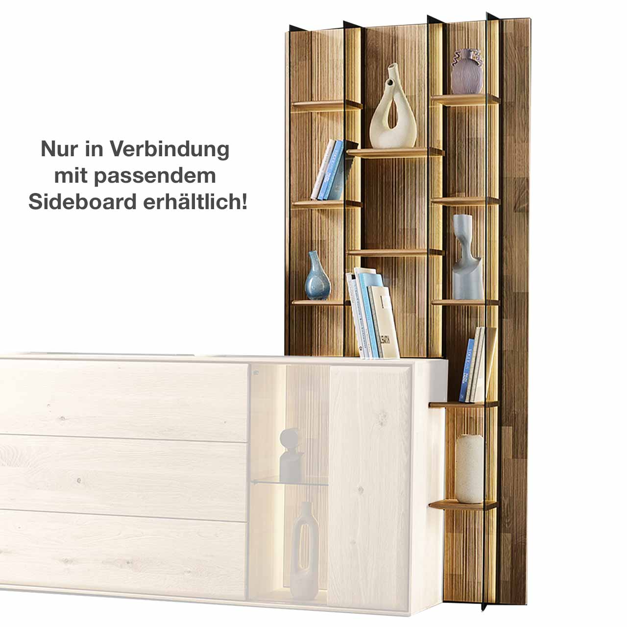 Hartmann VALA - Regal rechts 8640-0104 - Kerneiche Natur geschoppt / Glas Hohes modernes Wandregal aus massivem Holz mit geschroppter Rückwand, zehn Holzböden und vier beleuchteten Glasseiten aus Parsolbronze - als rechtsstechendes Anbauelement für ein passendes VALA Sideboard.