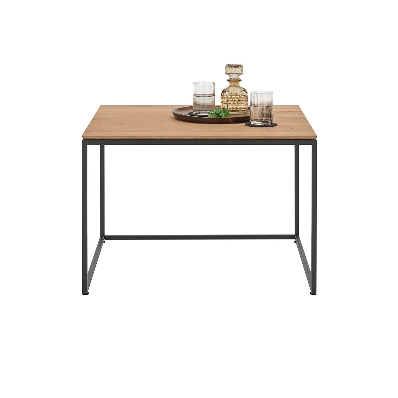 Moderner Couchtisch mit quadratischer Holztischplatte und filigranem Metallgestell in Anthrazit in Frontansicht.