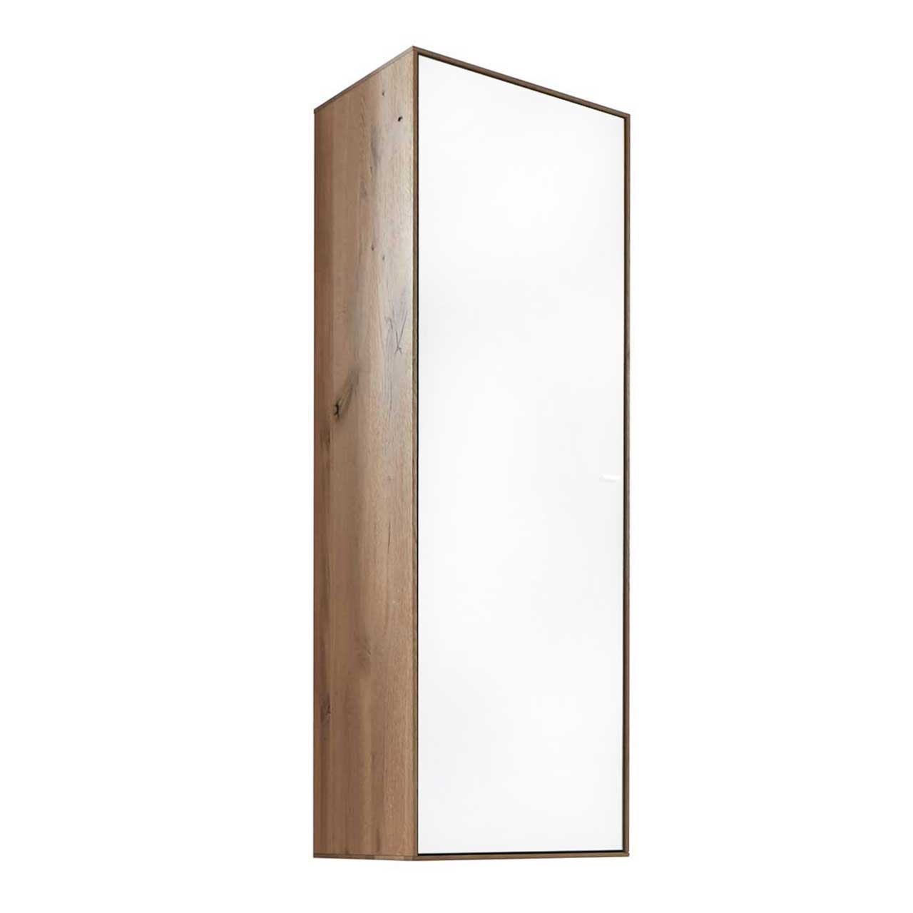 Schlichter Hängeschrank aus massiver Kerneiche Umato mit einer Holztür mit Mattglas weiß Front.