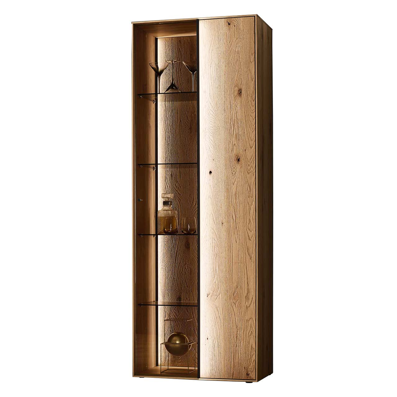 hartmann_ANEA_8530-0072.re_standvitrine Massivholzvitrine mit zweigeteilter Front, halb Holz, halb Glas