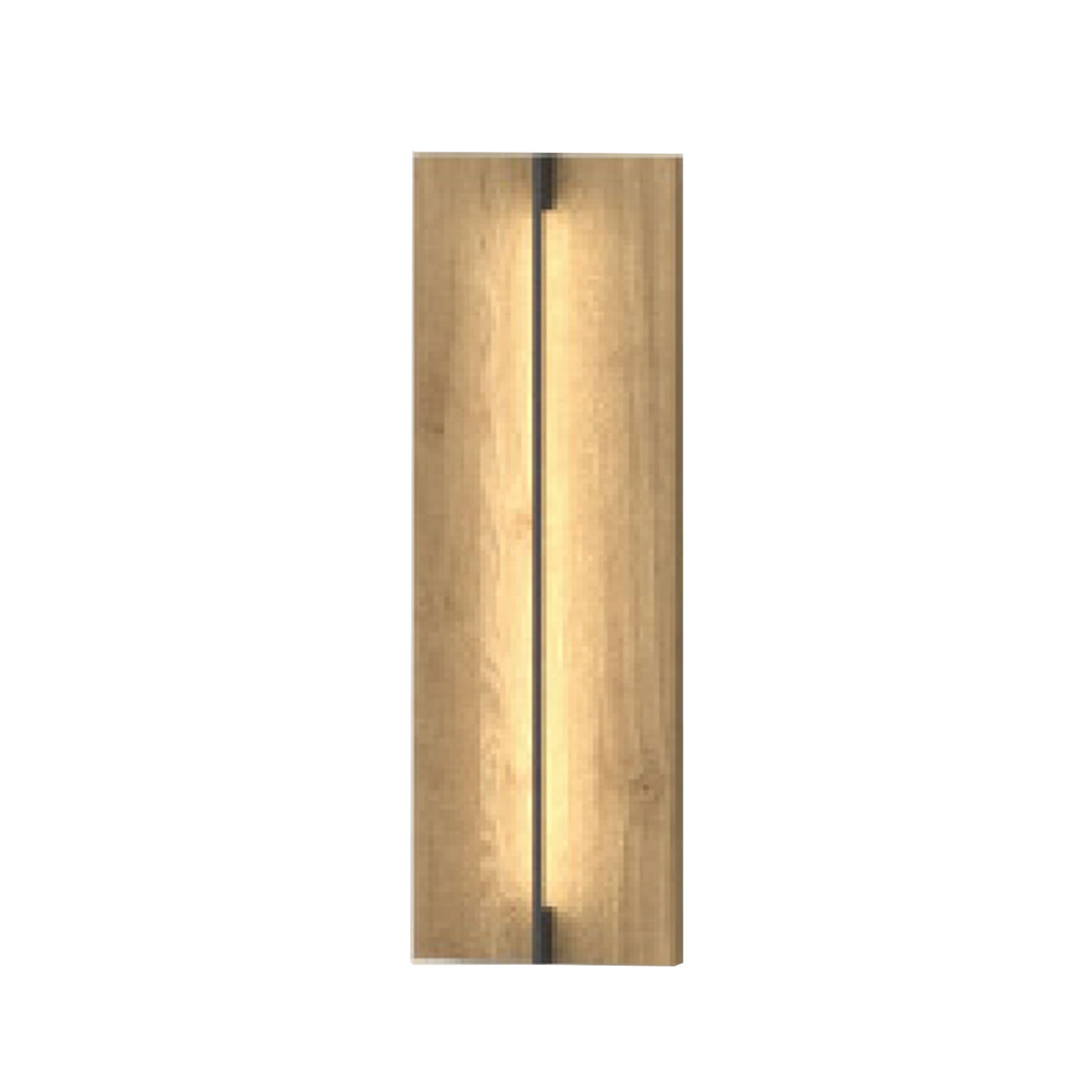 Moderne Wandleuchte bestehend aus einer rechteckigen Holzplatte aus Kerneiche Natur und mittigen filigranem Metallstab in anthrazit.