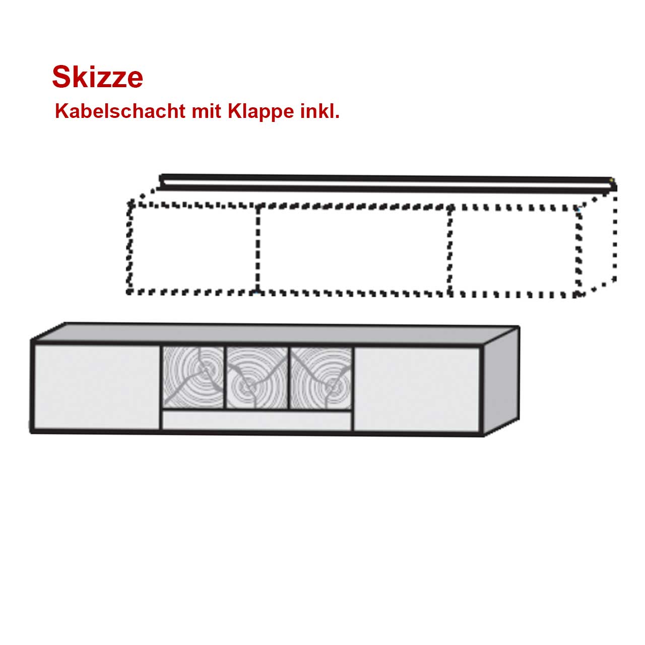 Skizze eines Lowboards mit Holzmaserung auf der Front mit abgebildetem Kabelschacht hinten in Deckplatte unter geöffneter Klappe, inkl. Hinweistext Kabelschacht 