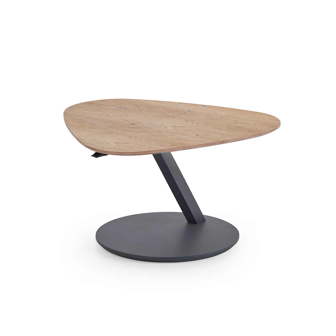 Hartmann NATURWERKE - Couchtisch 8400C-1467 - Höhenverstellbar Moderner Couchtisch mit asymmetrischer, höhenverstellbarer Holzplatte in klassischer Kerneiche. Schräg nach oben verlaufende Metallsäule und runde Bodenplatte in Holz anthrazit.