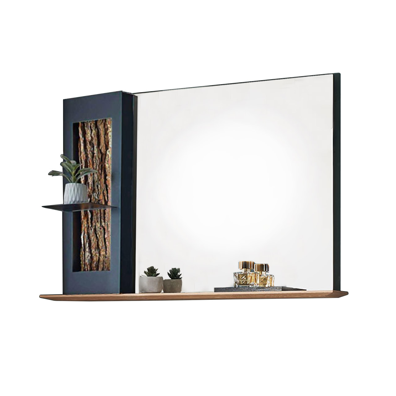 Hartmann SALVO Garderoben - Wandpaneel mit Spiegel 8550G-5113 li. - mit Baumrinde Modernes Wandpaneel mit linksseitigem Rinden-Akzent im anthrazitfarbenen Metallrahmen und mittigem Ablageboden. Rechts ein großer rechteckiger Spiegel mit durchgehendem Holzablageboden unten.