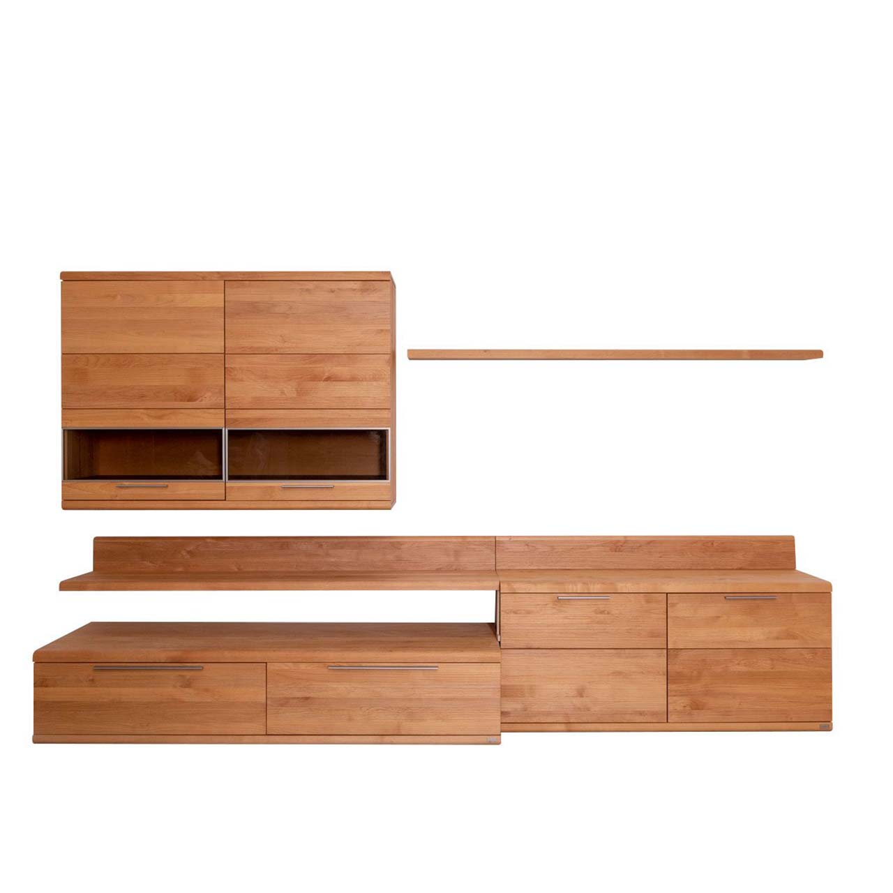 Hartmann SALE Möbel - ARONDA Wohnwand 6380-V42 / 6teilig - Front Ansicht Robuste sechs teilige Wohnwand aus massivem Erlen Holz bestehend aus einer Hängevitrine, einem Wandboard, einem Lowboard mit Schubkästen, einem Unterteil mit Türen, einem Panellaufsatz für TV und einem Winkelboden.