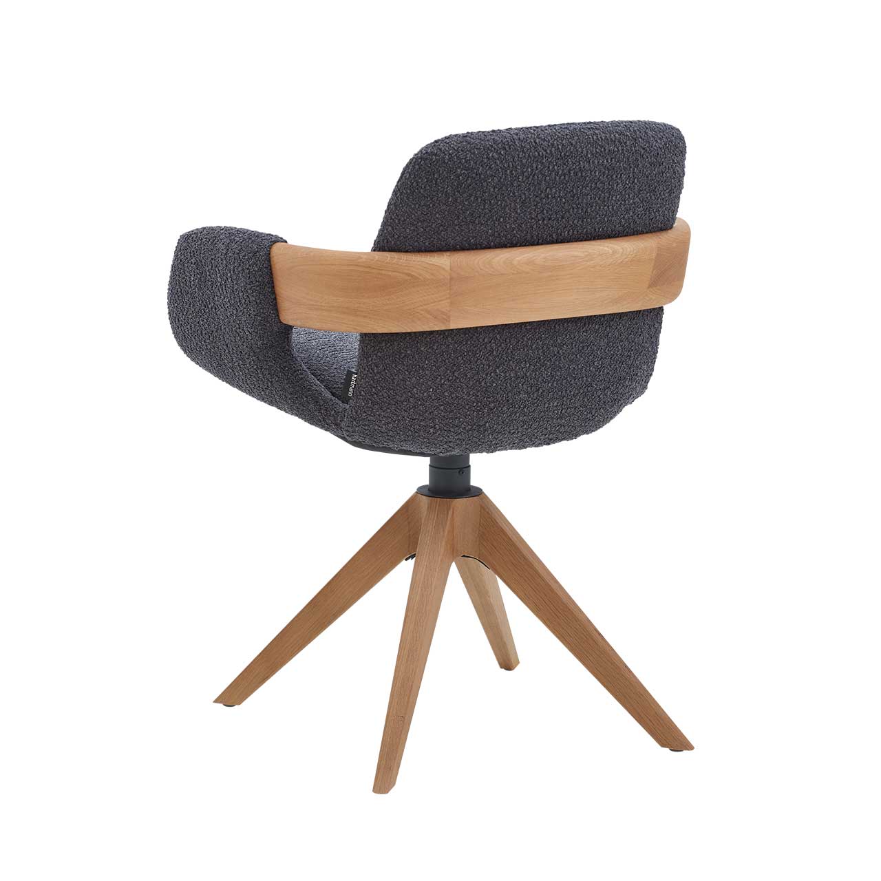 Hartmann NATURZEIT 7100E/8400E - 1644 Stuhl Emil Comfort - Rückansicht Drehbarer Esszimmerstuhl in Rückansicht mit gepolsterter Sitzfläche und Rückenlehne in dunkelgrauem Stoff, Holzapplikation am Rücken und Vier-Fuß-Stativgestell aus massivem Holz.