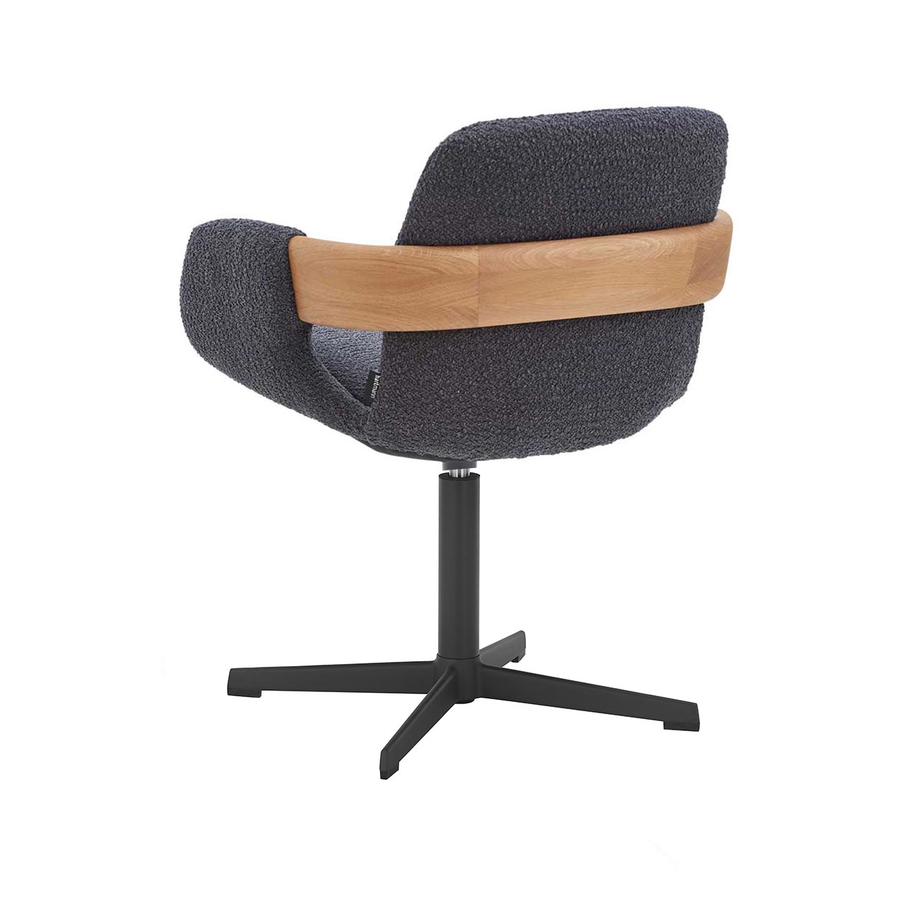 Hartmann NATURZEIT 7100E/8400E - 1762 Stuhl Emil Comfort - Rückansicht Moderner Esszimmerstuhl in Rückansicht mit gepolsterter Sitzfläche und Rückenlehne in dunkelgrauem Stoff, Holzapplikation am Rücken und Vier-Fuß-Sterngestell aus Metall in Anthrazit.