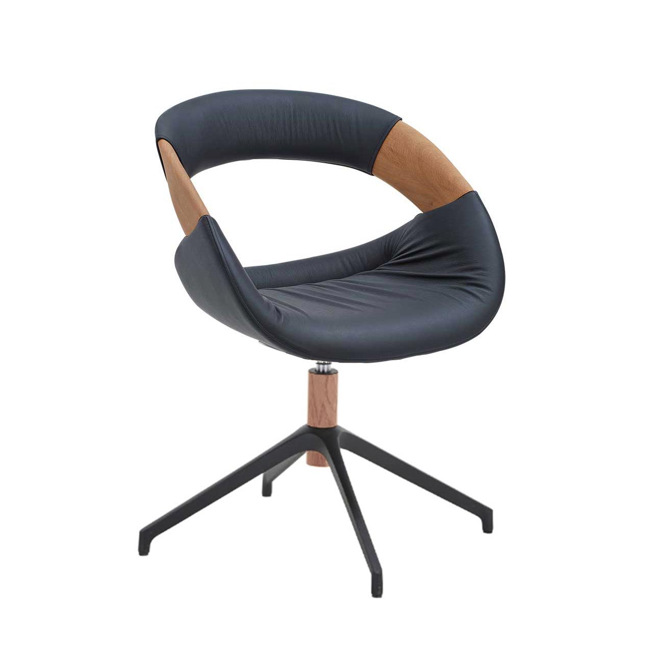 Drehbarer Esszimmerstuhl mit gepolstertem Sitz und Rücken in dunkelblauem Leder, offener Lendenbereich mit seitlicher Holzapplikation an Lehne und Vier-Fuß-Gestell aus Holz/Metall Anthrazit.