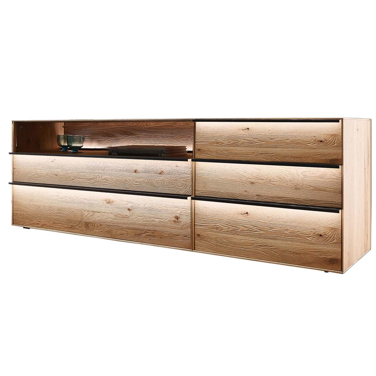 Sideboard aus massiver Kerneiche Natur mit 4 Schubkästen & Glasfront