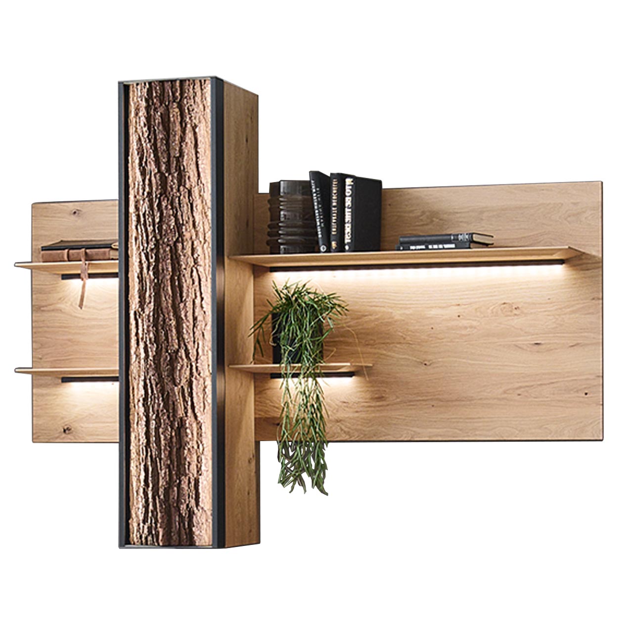 Modernes Wandpaneel aus massiver Kerneiche Natur mit vier beleuchteten Holzböden sowie integriertem Stauraumschrank und beleuchteter Holztür mit echtem Rinden-Akzent.
