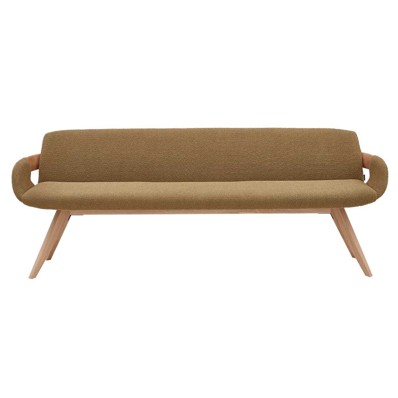 Hartmann NATURZEIT 7100E/8400E - 1689 Polsterbank Emil Comfort Moderne Sitzbank mit gepolstertem Sitz und Rücken in senffarbenem Stoff, mit Holzapplikation an Lehnen und Vier-Fuß-Gestell aus massivem Holz.