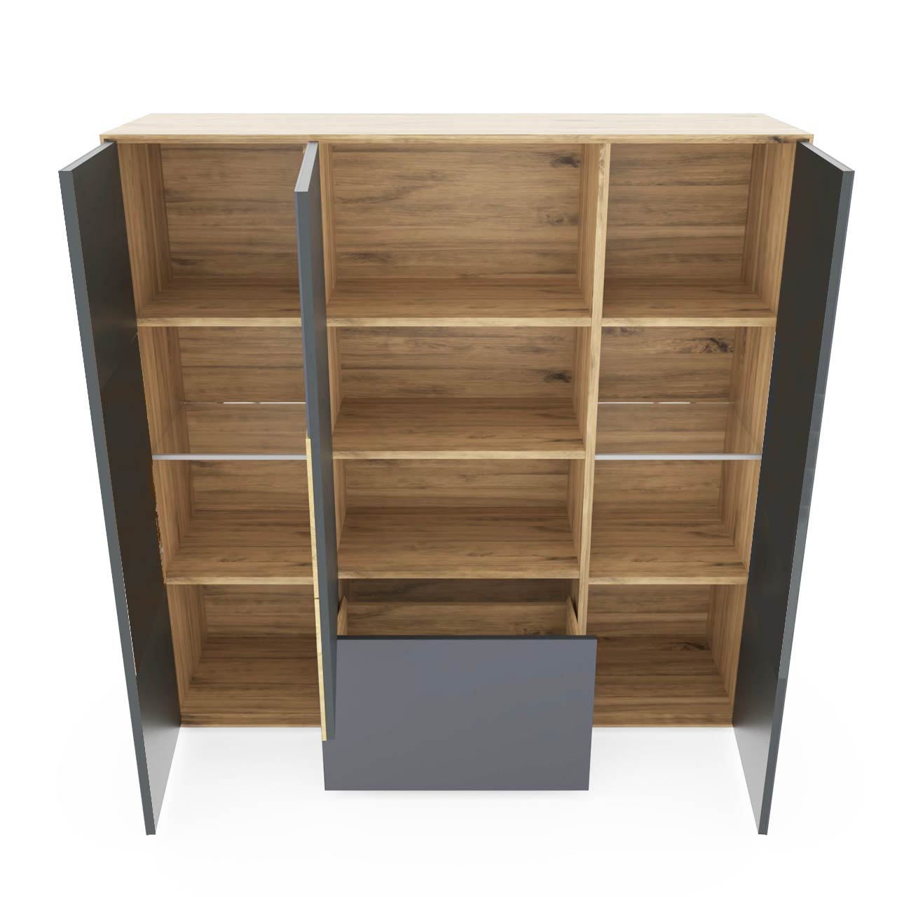 Modernes Highboard aus massiver Kerneiche Umato mit Mattglas anthrazit Front mit drei offenen Türen und einem offenem Schubkasten unten