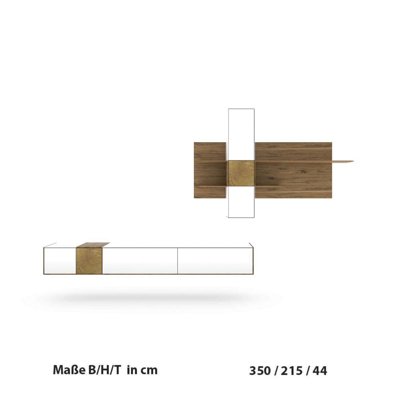 Computergeneriertes Bild einer Holz Wohnwand mit Anthrazit Fronten und dekorativen Hirnholzscheiben bestehend aus Hängelowboard und Paneel-Kombination mit Regalböden und Hängeschrank inkl. Maßangaben