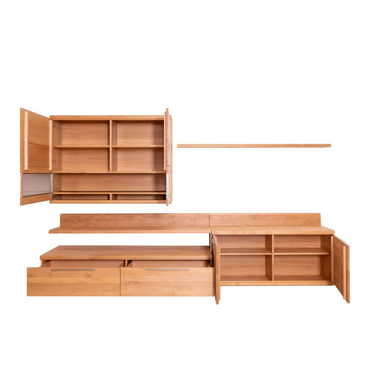 Hartmann SALE Möbel - ARONDA Wohnwand 6380-V42 / 6teilig - Offene Ansicht Robuste sechs teilige Wohnwand aus massivem Erlen Holz mit geöffneter Hängevitrine, einem Wandboard, offenem Lowboard mit Schubkästen, einem Unterteil mit offenen Türen, einem Panellaufsatz für TV und einem Winkelboden.