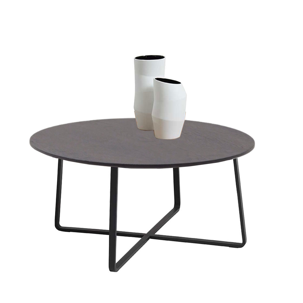 Moderner Couchtisch mit runder Tischplatte aus Kerneiche anthrazit und anthrazitfarbenem Metallgestell. Moderner Couchtisch mit runder Tischplatte aus Kerneiche anthrazit und anthrazitfarbenem Metallgestell.