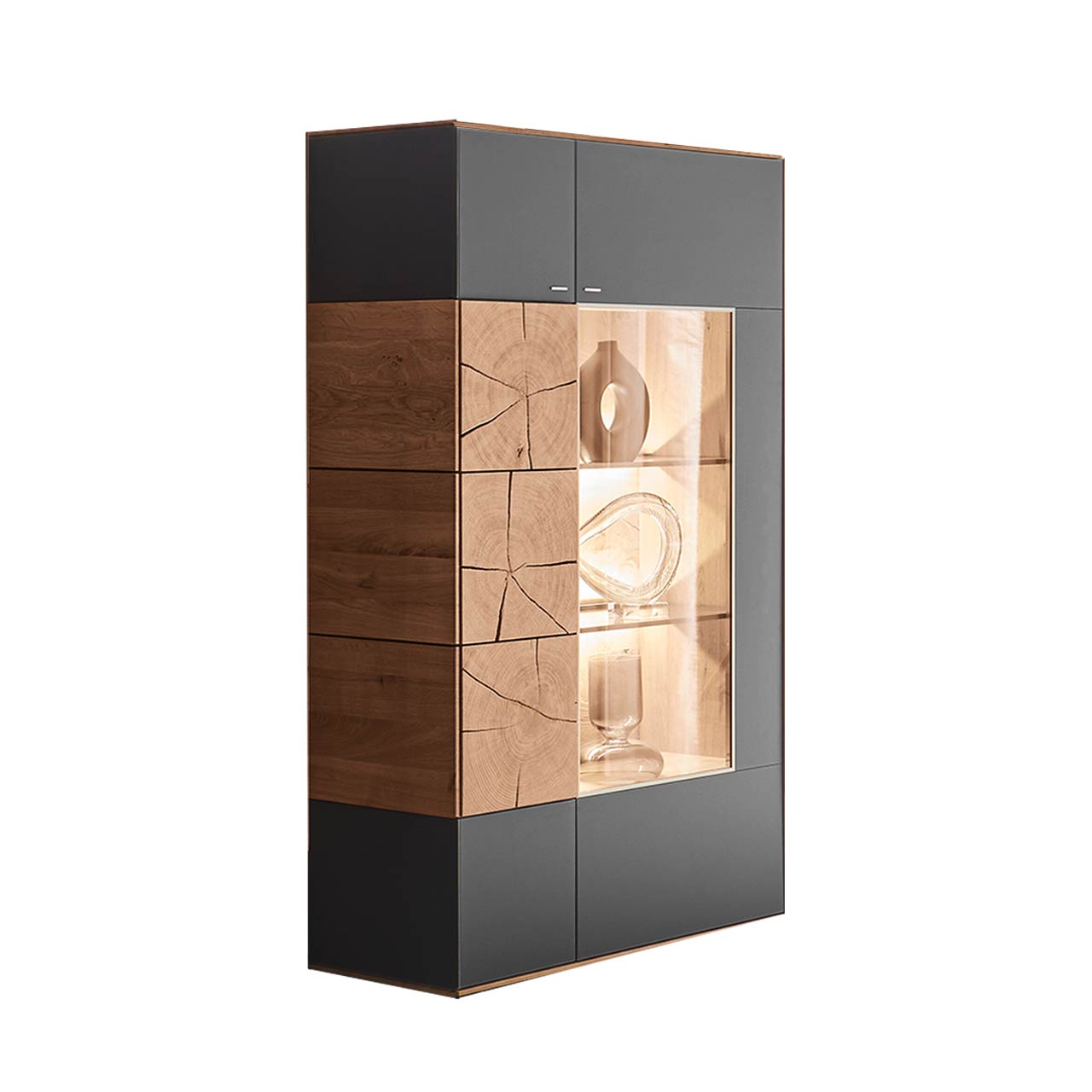 Hartmann CAYA - Highboard 7170-7082A Modernes Highboard aus massiver Kerneiche Umato mit Mattglas anthrazit Front, mit einer großen Glastür und einer Holztür mit dekorativer Hirnholz Applikation aus drei vertikal verlaufenden, rechteckigen Hirnholzscheiben.