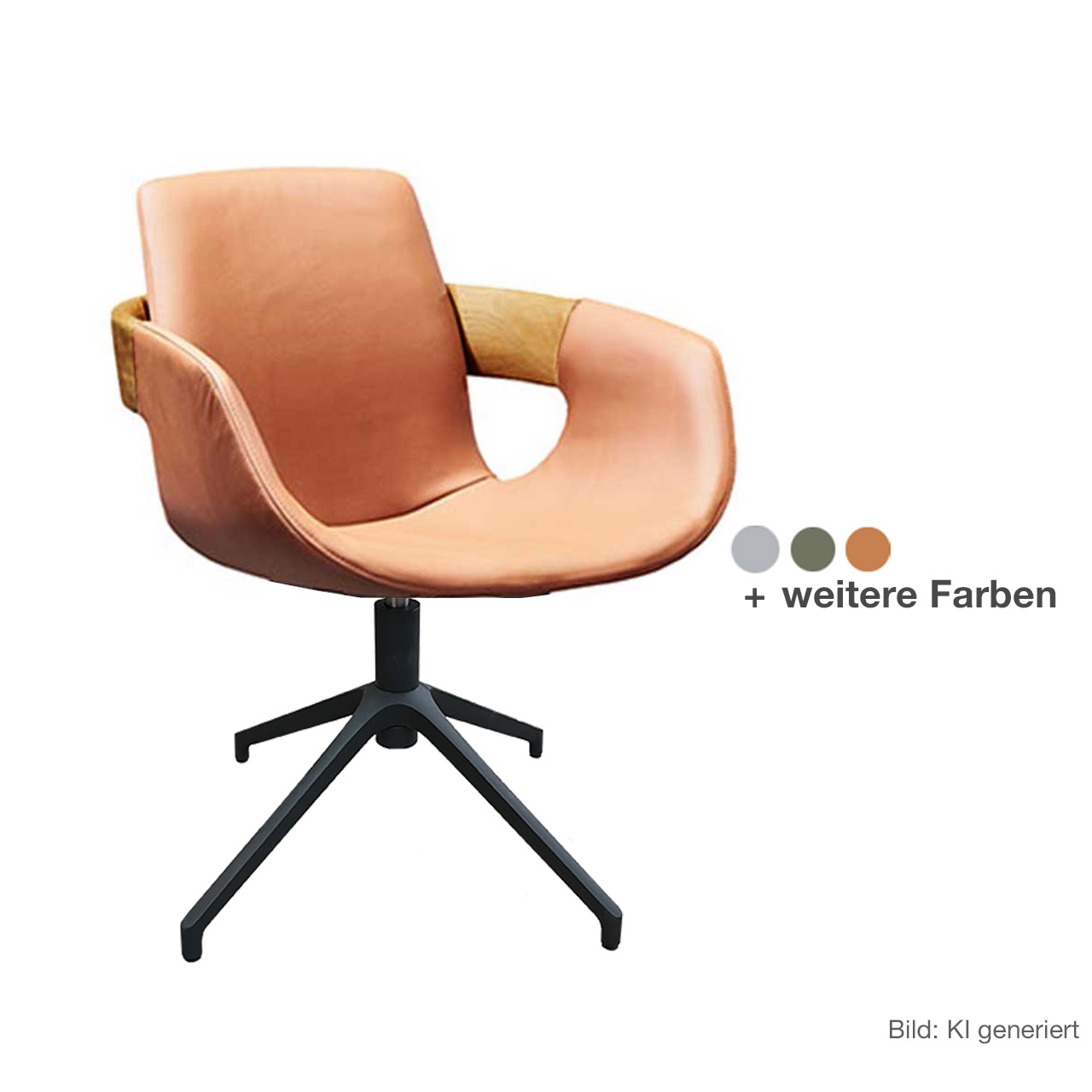 Hartmann NATURZEIT 7100E/8400E - 1765 Stuhl Emil mit Metallgestell M2 - Frontansicht Moderner Esszimmerstuhl mit Sitzfläche und Rückenlehne in cognacfarbenem Leder, Holzapplikation am Rücken und Vier-Fuß-Sterngestell aus Metall Anthrazit - in Frontansicht