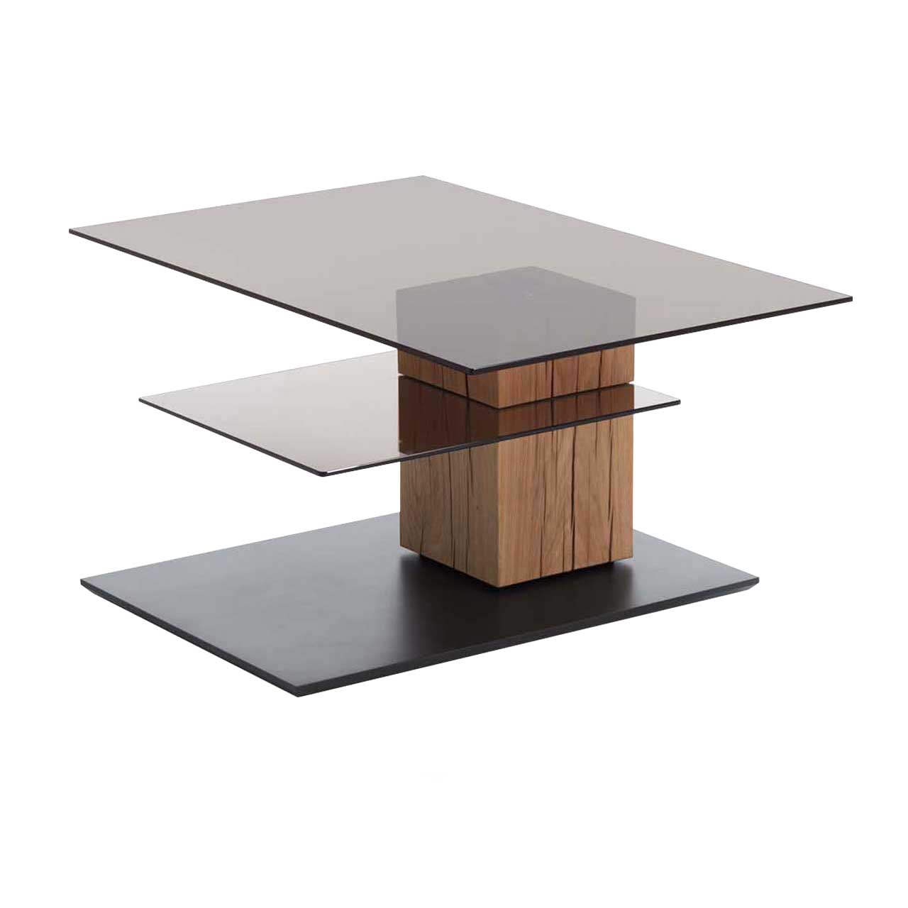 Hartmann NATURWERKE - Couchtisch 7100C-1405 Edler Couchtisch mit rechteckiger, zur Seite gedrehter Glasplatte und zusätzlicher fester Glasablage darunter. Massive Holzsäule aus Riffholz auf dunkler Bodenplatte.