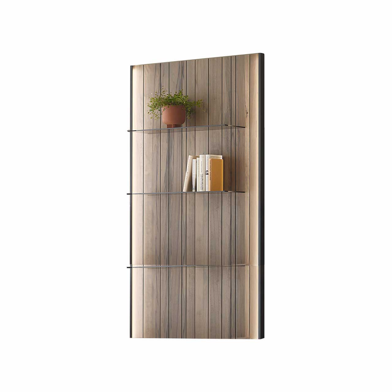 Modernes Wandpaneel aus dunkelbrauner Altholzbuche Uyaa mit edler, sichtbarerer Holzmaserung und drei Glasböden aus Parsolglas Bronze.