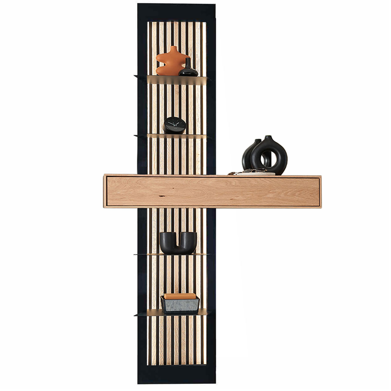 Modernes Regalelement mit Rahmen und vier Ablageböden in Metall Anthrazit mit beleuchteter Rückwand mit Lamellen-Akzent, mittig platziert ein Schubkasten aus massiver Kerneiche Natur.