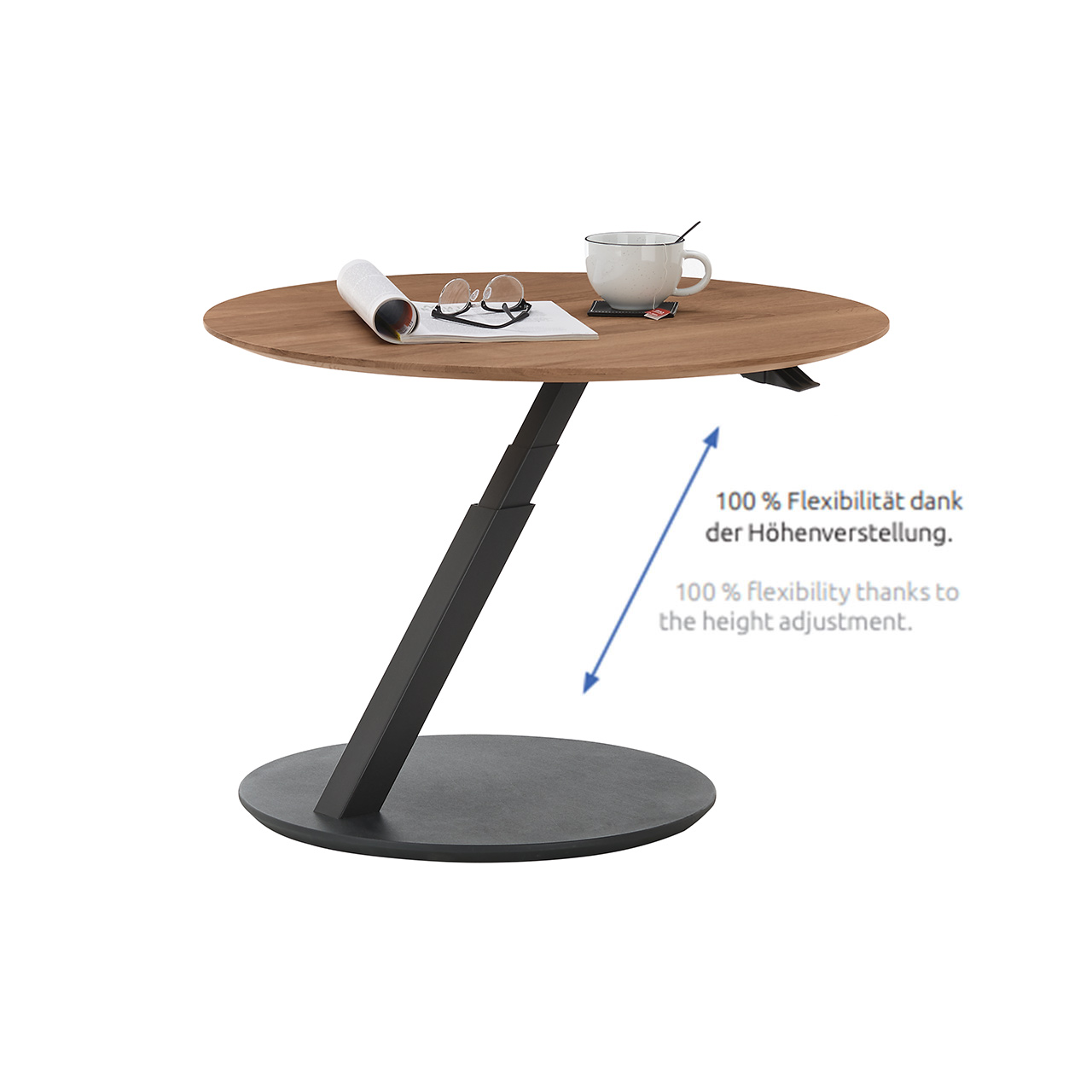 Hartmann Möbel SVEA - Couchtisch 8660-1447 oben - Kerneiche Natur / Metall anthrazit Moderner Couchtisch mit runder, nach oben ausgefahrener Holzplatte auf schrägverlaufender Metallsäule und runder Bodenplatte in Holz anthrazit - mit Infotext: 100% Flexibilität dank der Höhenverstellung.