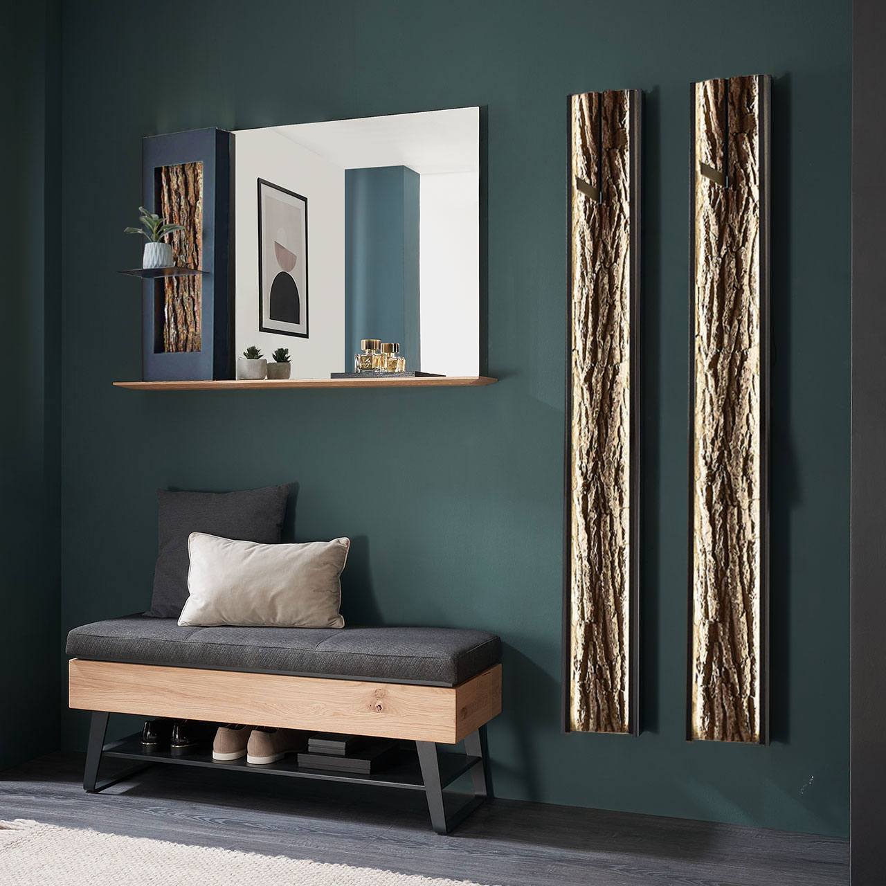 Hartmann SALVO 8550G - Garderobe Nr. V128R - vierteilig - Kerneiche Natur, Metall anthrazit, Baumrinde Moderne vierteilige Garderobe aus massiver Kerneiche Natur: Ein Spiegelpaneel mit Rinden-Akzent, zwei Garderobenpaneele mit Rinden-Rückwand und Kleiderhaken und eine gepolsterte Sitzbank auf Metallkufen mit Stauraumfach.
