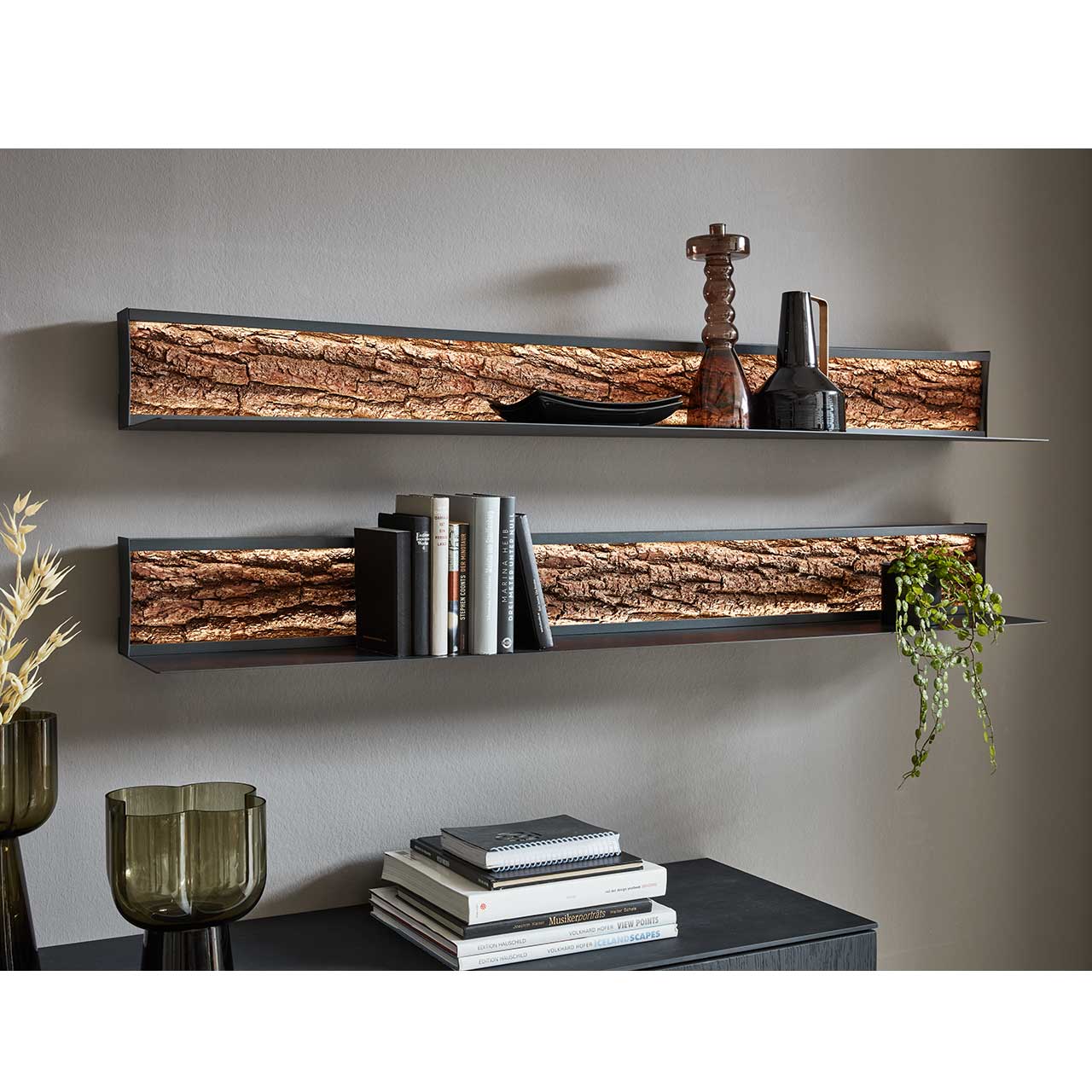 Zwei moderne Wandregale mit Metallrahmen und Ablageboden sowie sichtbarer Rückwand mit  Baumrinden-Akzent.
