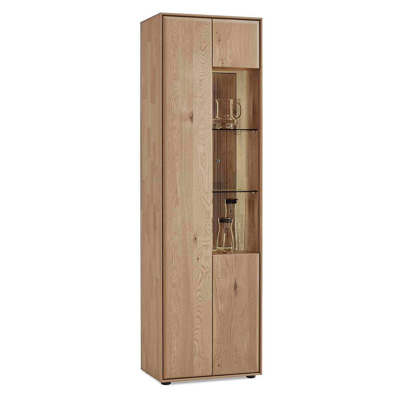 Moderne 2-türige Standvitrine aus massivem Eichenholz mit einer Holztür links und einer Glas/Holztür rechts - in Seitenansicht. 