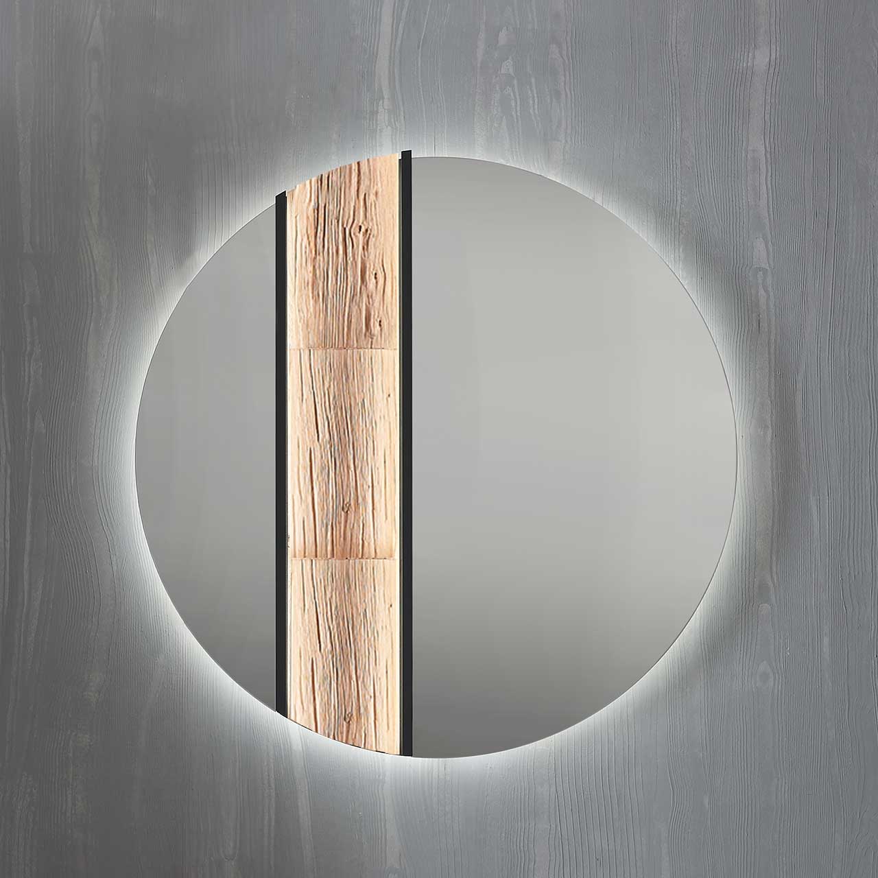 Hartmann SALVO Garderoben - Wandspiegel 8550G-5095 li - mit Spaltholz Moderner runder Wandspiegel, links mit Spaltholz-Akzent eingefasst in einen anthrazitfarbenen Metallrahmen.