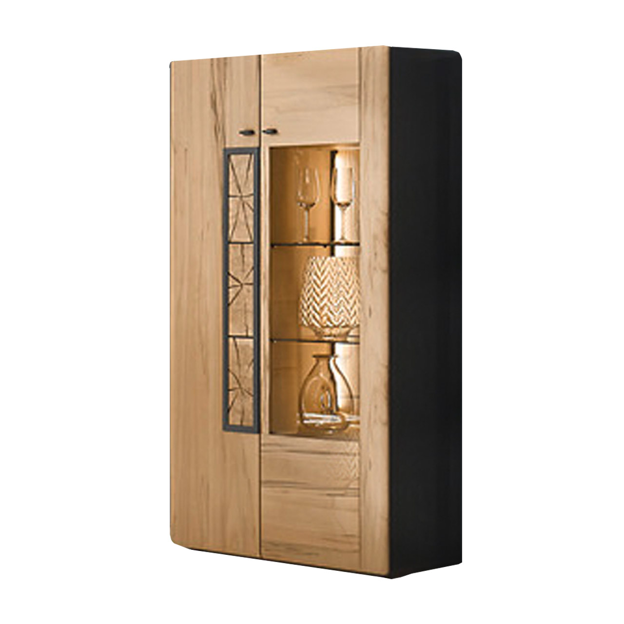 Seitlich stehendes Highboard aus massiver heller Kernbuche mit Holztür mit Hirnholzscheiben und Glastür aus bronzefarbenem Parsolglas. Korpus seitlich Anthrazit lackiert.