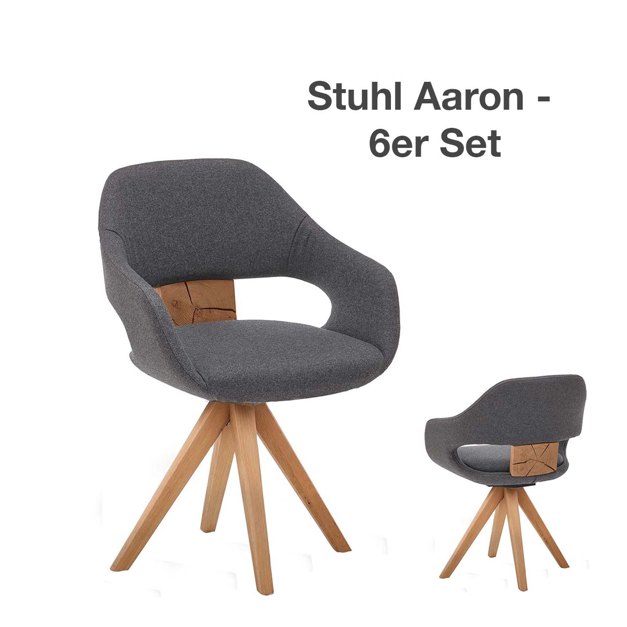 Moderner Esszimmerstuhl mit anthrazitfarbenem Stoffbezug und gepolsterter Sitzschale. Mit dekorativer Hirnholzscheibe im Lendenbereich auf Vier-Fuß-Holzgestell - abgebildet in Front und Rückansicht.