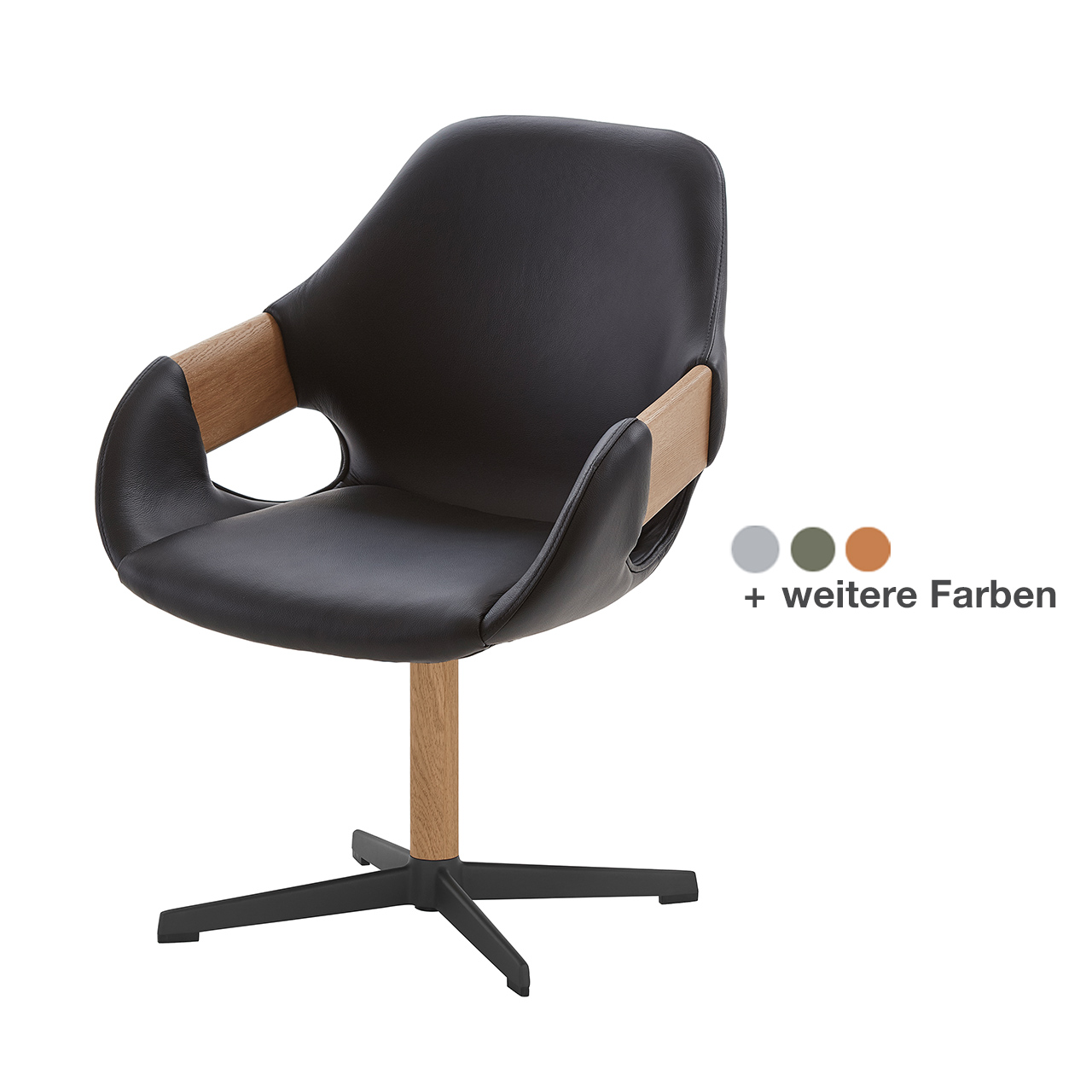 Hartmann NATURZEIT 7100E/8400E - 1779 Stuhl Basti Comfort - mit Holz/Metallgestell HM2 Moderner Esszimmerstuhl mit extra gepolsteter Sitzfläche und Rückenlehne in schwarzem Leder, mit Holzapplikation an Lehnen und Kreuzgestell in Holz/Metall anthrazit - in Frontansicht.