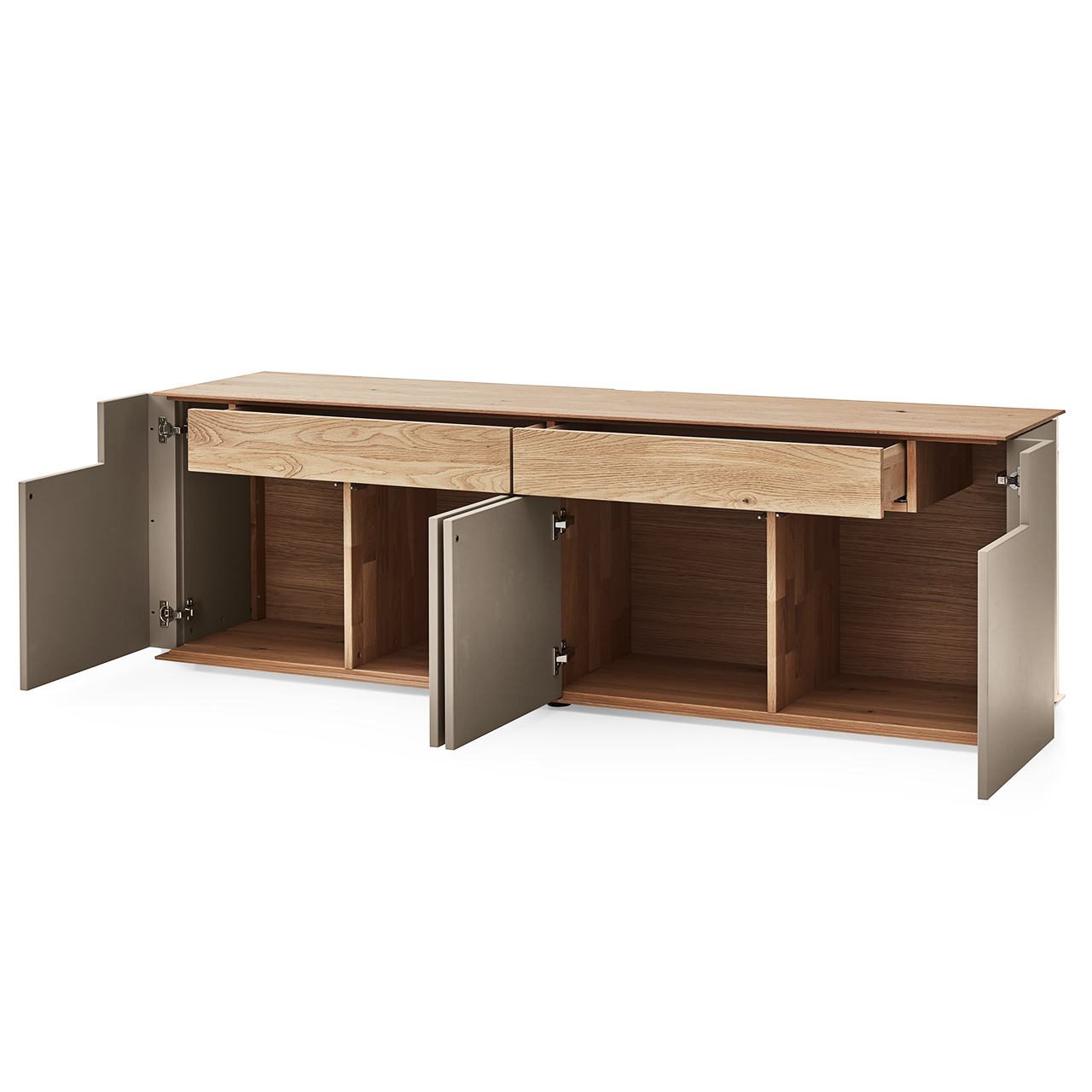 Hartmann Möbel SVEA - Lowboard 8660-3191 - Kerneiche Natur, Lack Sand Modernes TV-Board aus Kerneiche Massivholz mit Lackfronten in Sand und Riffholz. Mit vier geöffneten Lacktüren und zwei geöffneten, praktischen Schubkästen.