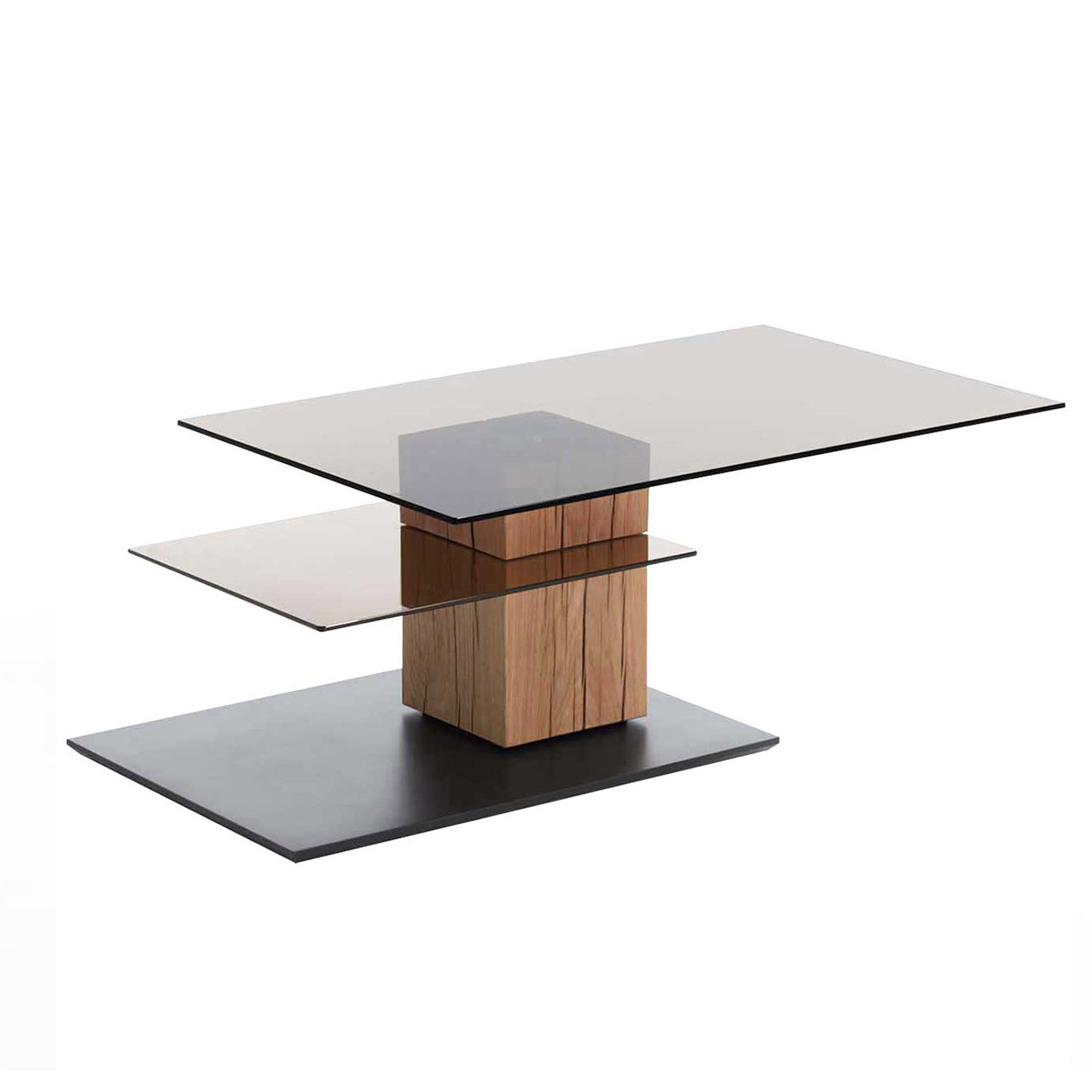 Couchtisch mit drehbarer Glasplatte und zusätzlicher Glasablage