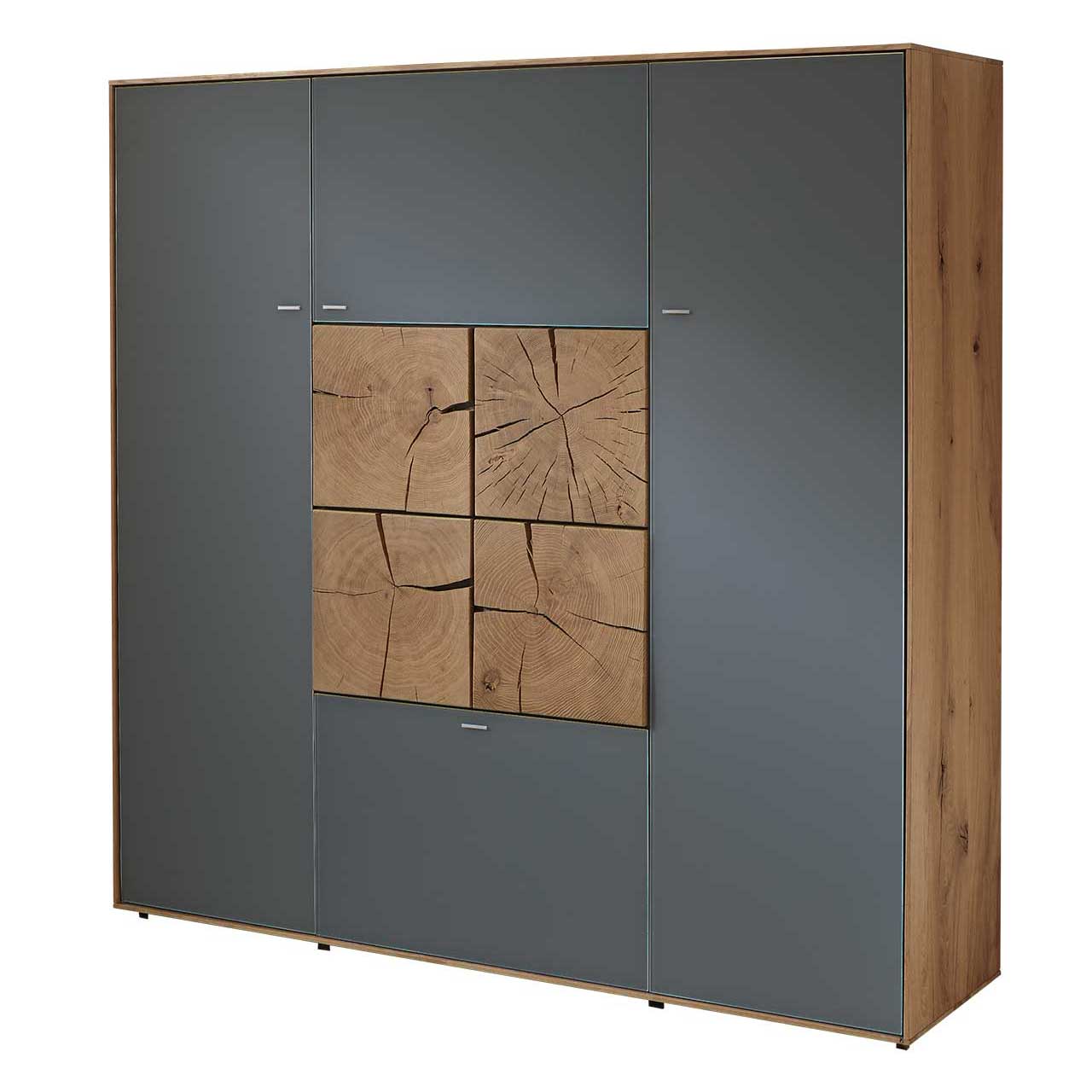 Hartmann CAYA - Highboard 7170-7133A Modernes Highboard aus massiver Kerneiche Umato mit Mattglas anthrazit Fronten und vier in der Mitte zum Quadrat zusammengesetzten, dekorativen Hirnholzscheiben in heller Kerneiche Umato.