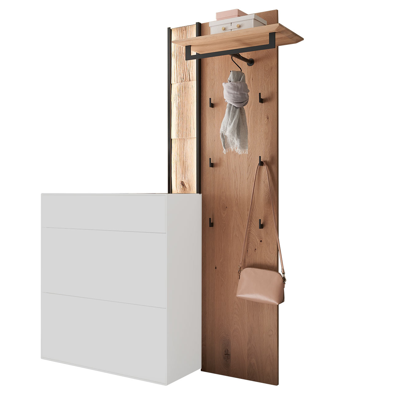 Hartmann SALVO Garderoben - Wandgarderobe 8550G-0074 - mit Spaltholz Modernes Garderobenpaneel aus massiver Kerneiche Natur mit Spaltholz-Akzent rechts, Hutboden, Ablageboden, Kleiderstange und sechs Mantelhaken aus anthrazitfarbenem Metall.