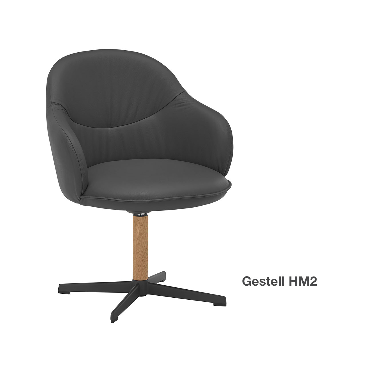 Hartmann Esszimmer-Möbel SVEA - Stuhl Rico 8660-1738 mit Holzgestell HM2, Bezug schwarz Moderner drehbarer Armlehnstuhl mit schwarzem Lederbezug und gepolsterter Sitzschale auf Vier-Fuß-Kreuzgestell in Metall anthrazit und Holz. Rechts daneben textlicher Hinweis „Gestell HM2“ - in Frontansicht.