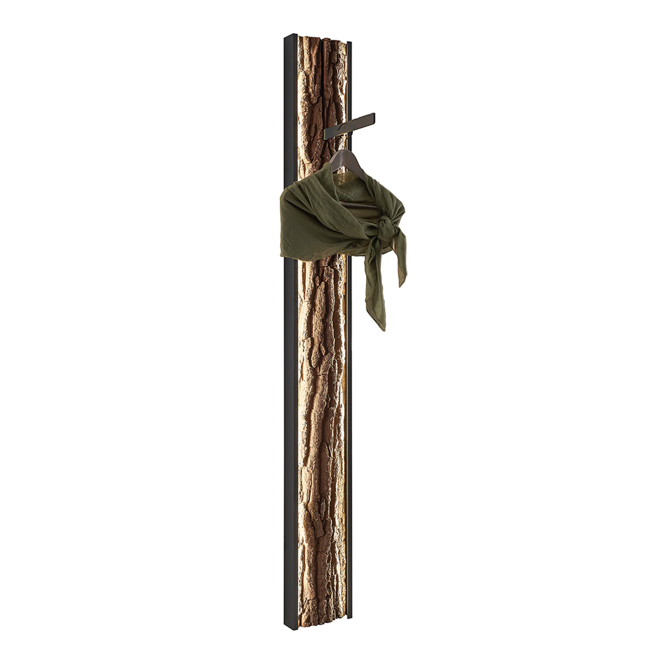 Modernes Garderobenpaneel mit echter, sichtbarer Baumrinden-Rückwand eingefasst in einen anthrazitfarbenen Metallrahmen, oben mit einem klappbaren Mantelhaken.