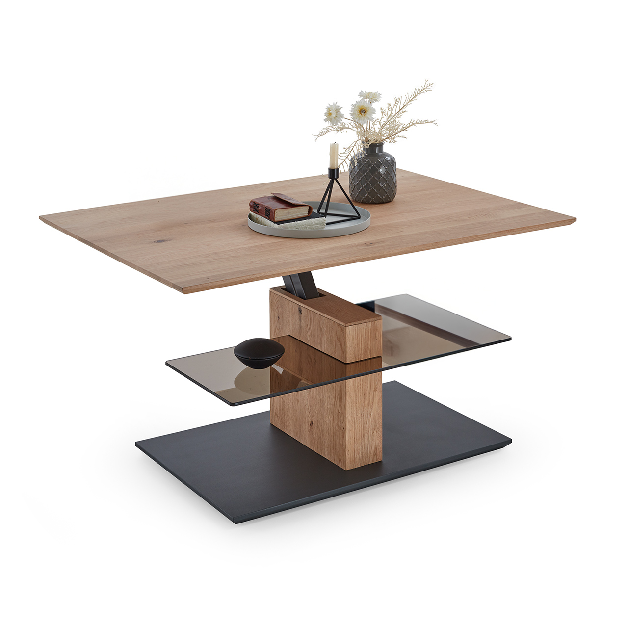 Hartmann Möbel SVEA - Couchtisch 8660-1424 hochgestellt - Kerneiche Natur / Parsolglas Edler Couchtisch mit rechteckiger, hochgefahrener Tischplatte aus hellem Eichenholz und zusätzlicher fester Glasablage darunter - auf massiver Holzsäule und dunkler Bodenplatte.