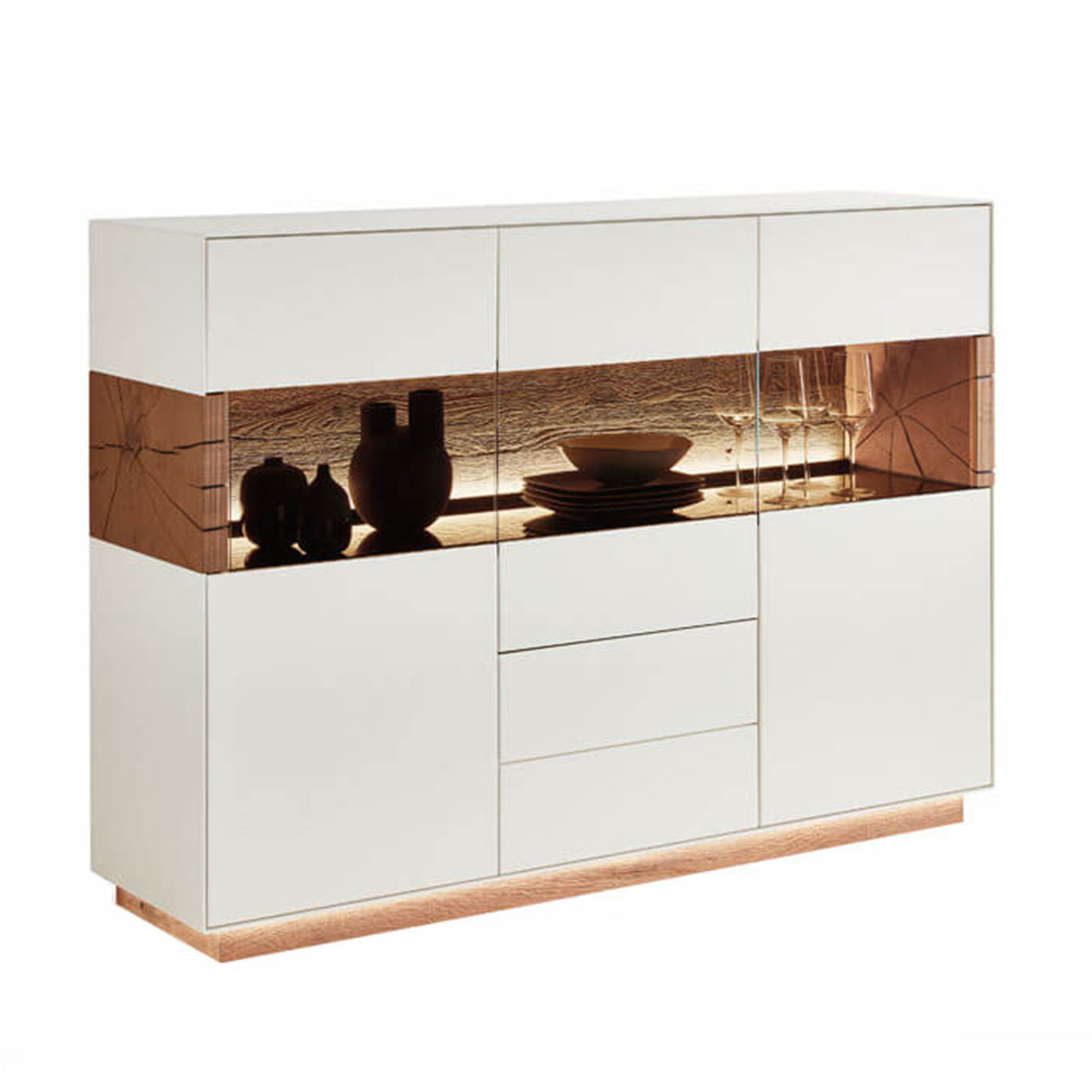 modernes Highboard in Lack weiß mit Glastüren und Holzakzenten