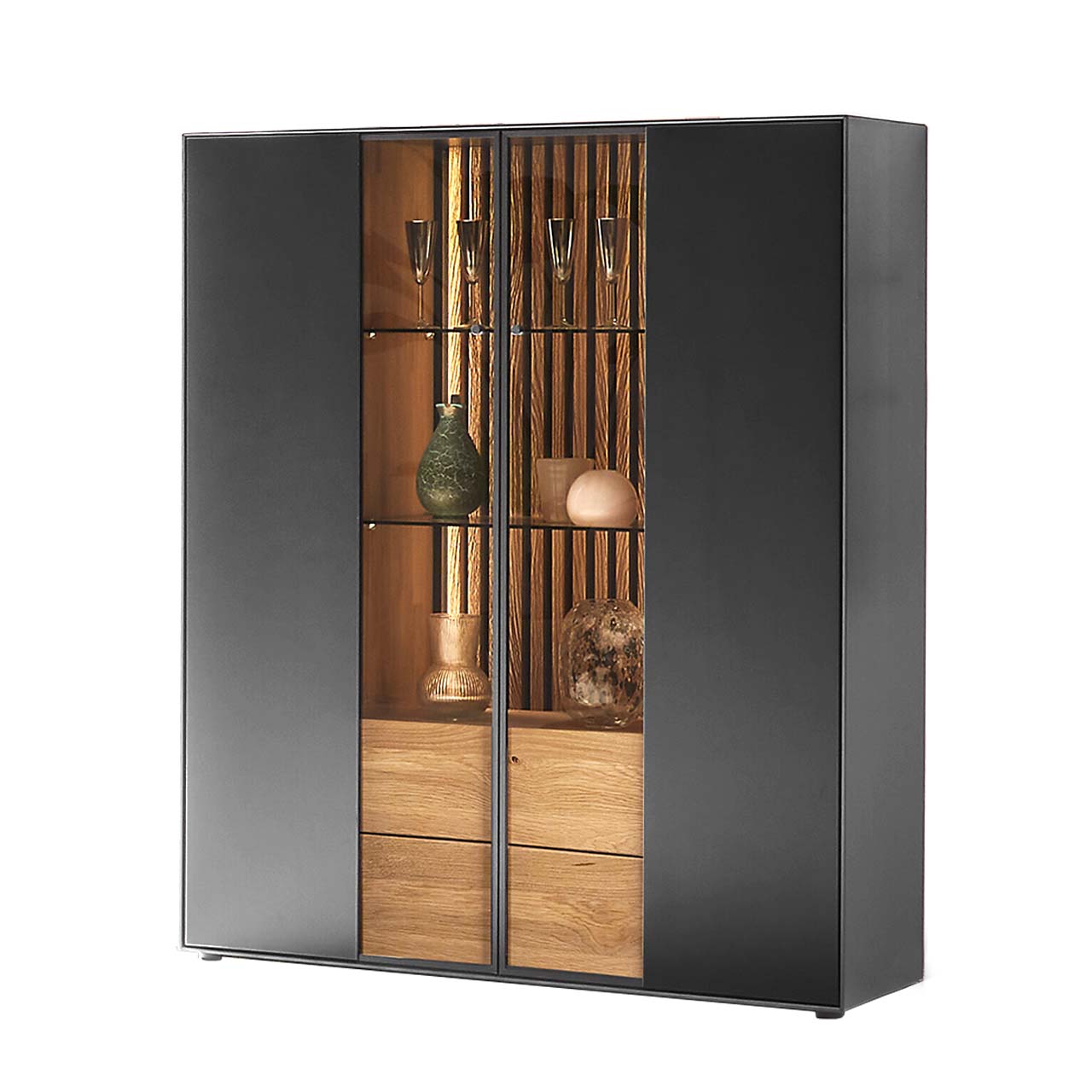 Hartmann SELINO - Highboard 8560-7111 Modernes Highboard aus massiver Birke anthrazit mit heller Holz-Kombination: zwei Glas,- Holztüren anthrazit mit heller Holz-Lamellenrückwand, unten zwei Schubkästen aus hellem Holz.