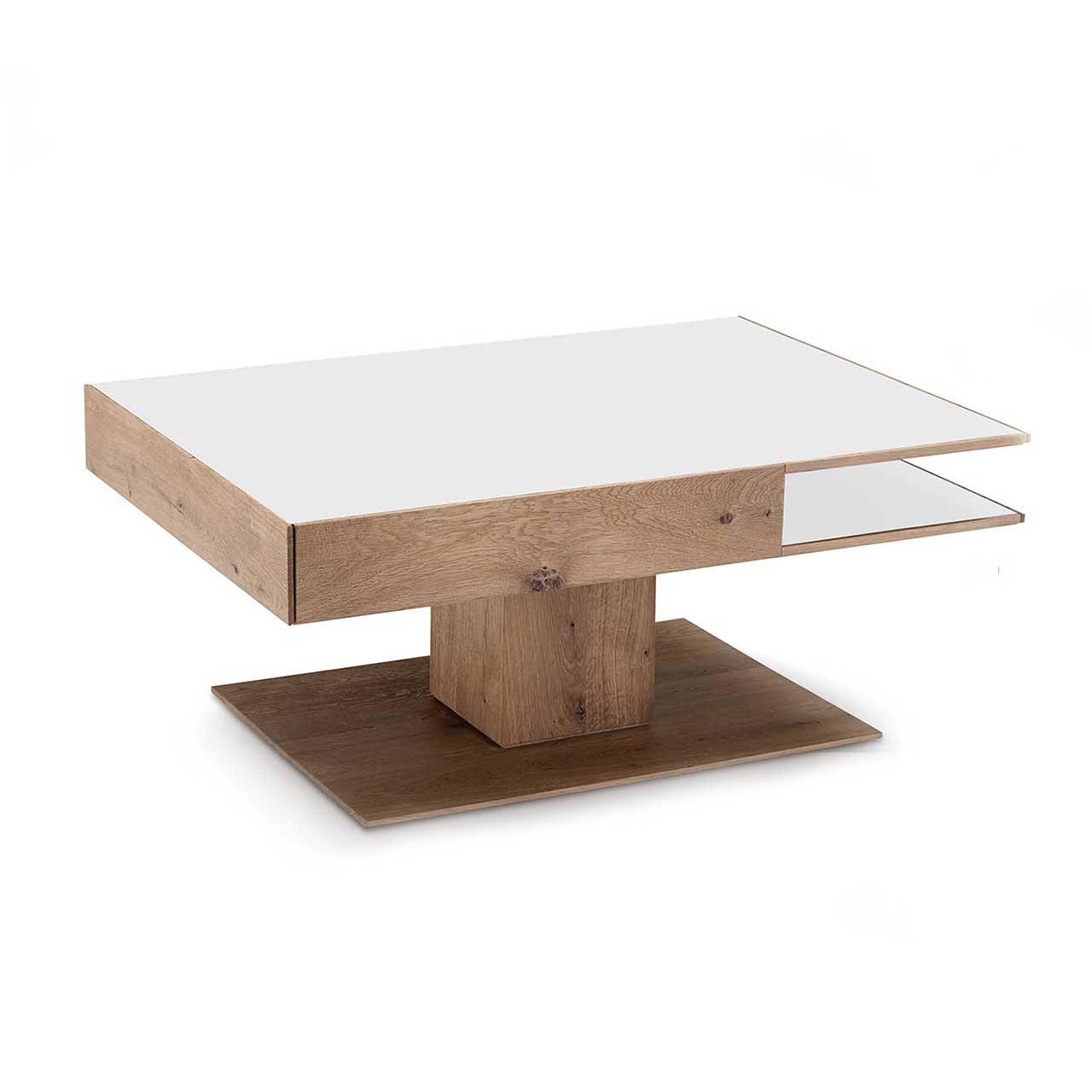 Hartmann CAYA - Couchtisch 7170-0447 Moderner, rechteckiger Couchtisch aus massiver Kerneiche Umato. Dicke Tischplatte in Mattglas weiß mit integriertem Schubkasten und seitlichem Ablagefach, auf massiver, rechteckiger Holzsäule und Bodenplatte stehend.