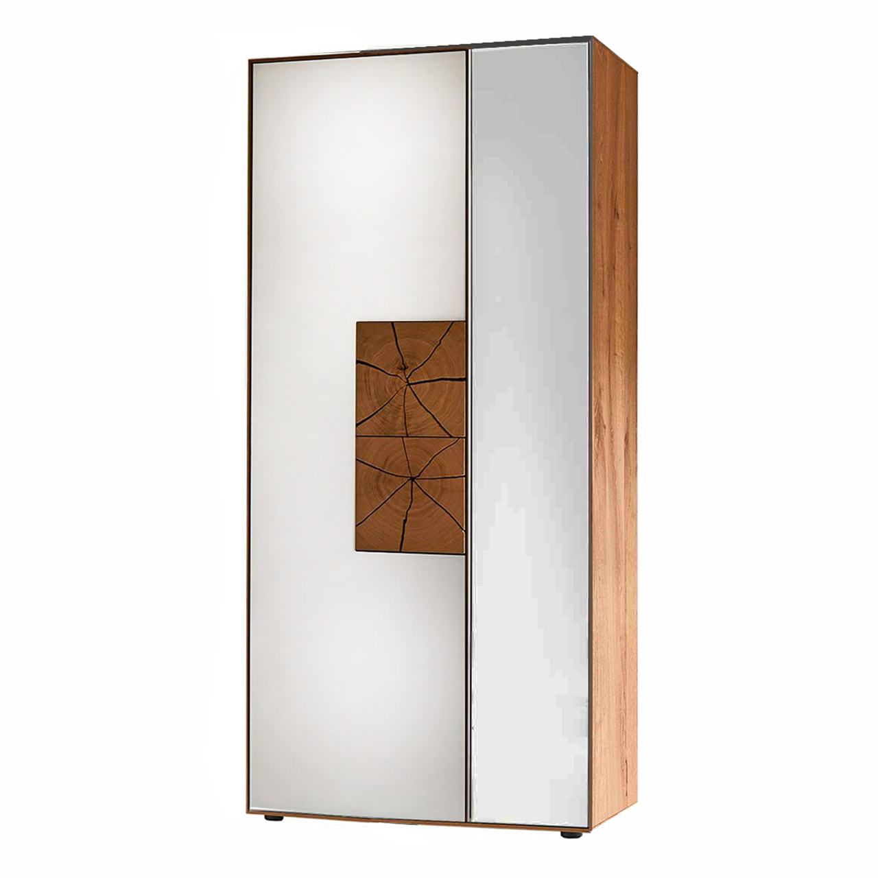 Großer Stauraumschrank aus massiver Kerneiche Umato mit einer Tür in Mattglas weiß und zwei dekorativen Hirnholzscheiben und einer Spiegeltür links.