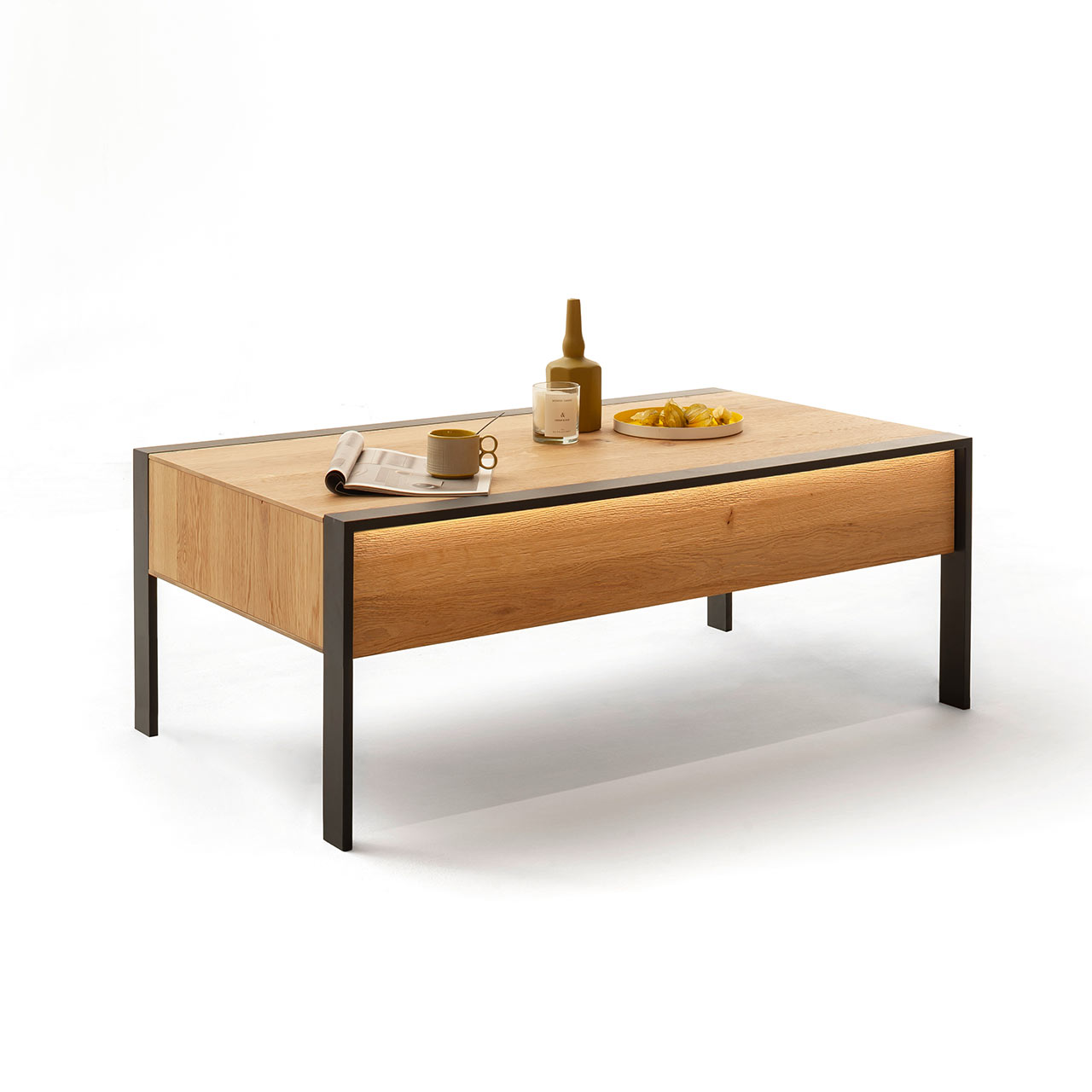 Hartmann YOLA Schöner Wohnen - Couchtisch mit Schubkasten 8590-1455 Moderner Couchtisch mit Schubkasten aus massiver gebürsteter Kerneiche Natur, breite rechteckige Holz-Tischplatte seitlich eingefasst in Metall Anthrazit auf vier schlichten Metallfüßen.