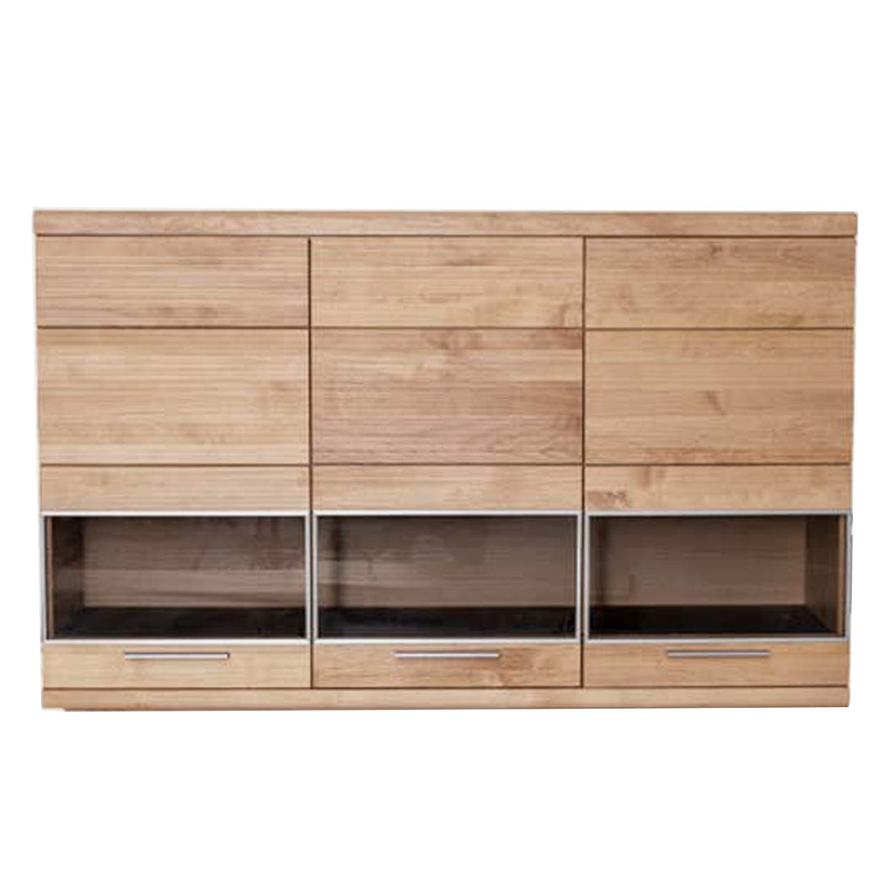 Edle Hängevitrine aus massiver Wildeiche mit einer Glas-Holztür rechts und einer doppelflügeligen Glas-Holztür links mit braunem Glaseinsatz sowie drei silbernen Griffen.