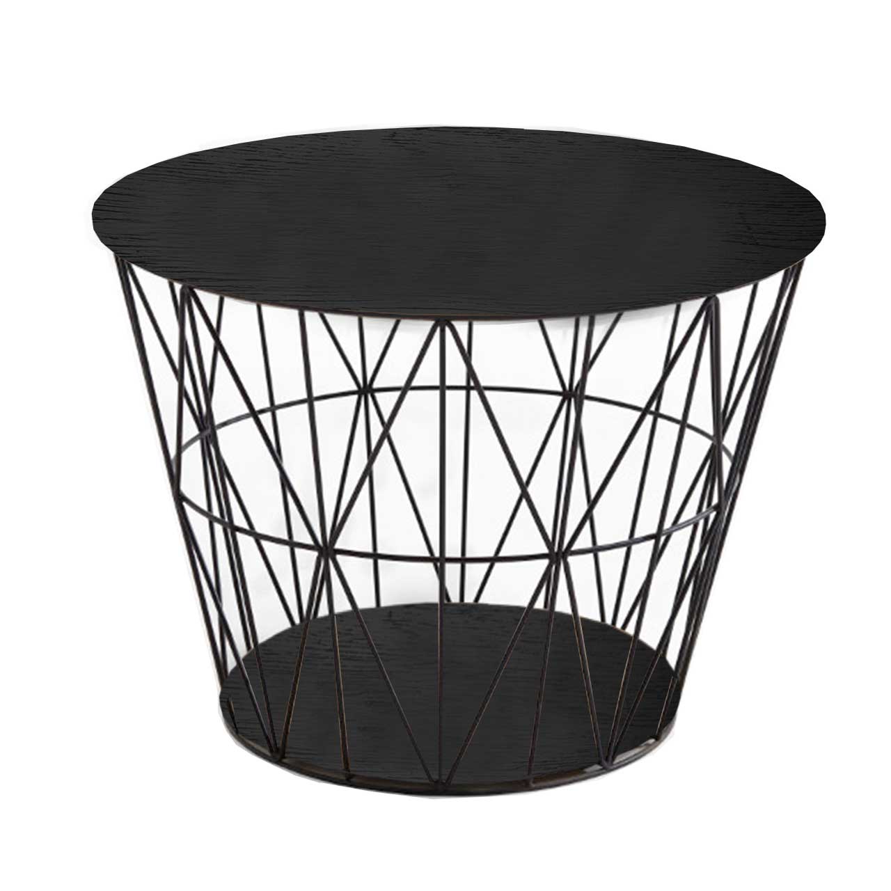Raffinierter, runder Couchtisch mit feinem Metallkorb in Anthrazit und abnehmbarem Holzdeckel sowie Bodenplatte aus Kernesche anthrazit.