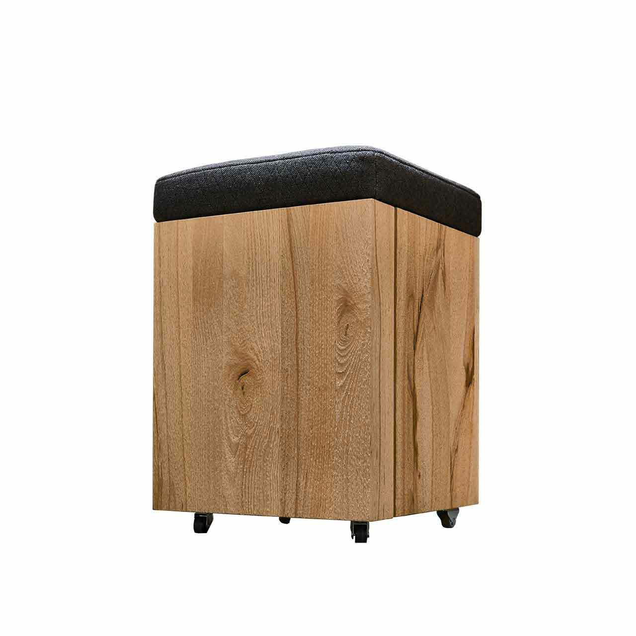 Praktischer Sitzhocker aus massivem Holz mit Polstersitzfläche in Anthrazit, Holztür und vier Rollen.